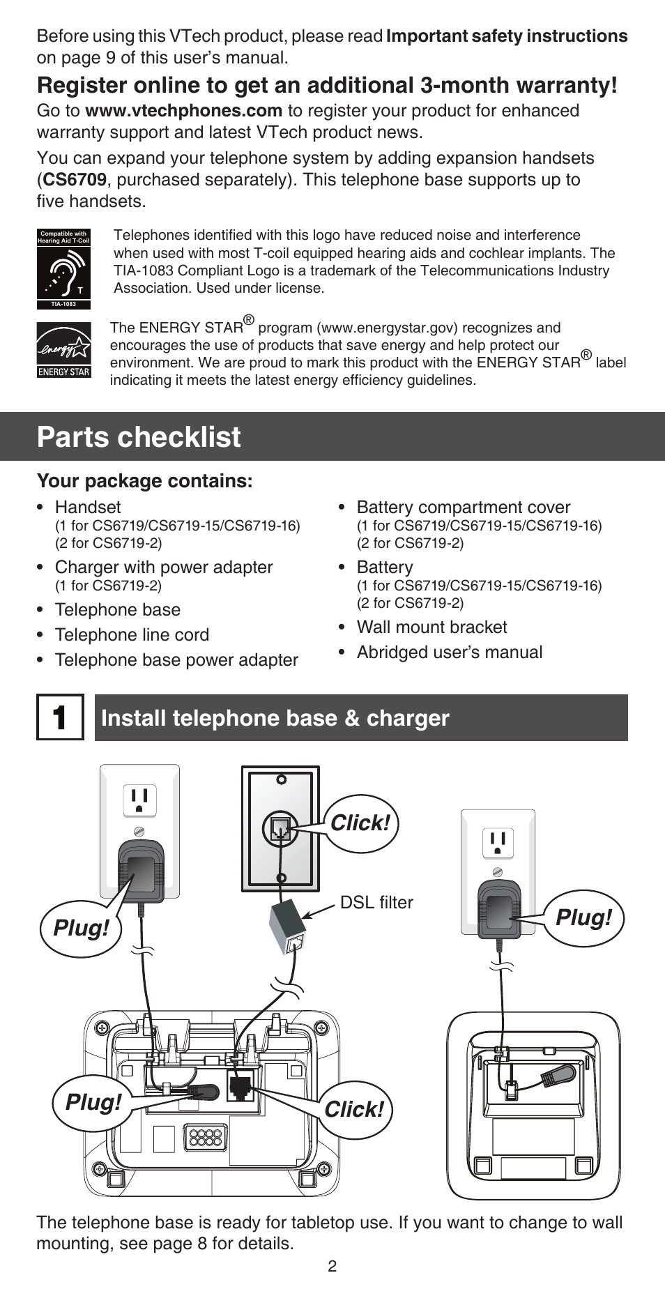 Parts checklist, Install telephone base & charger, Plug | Click | VTech CS6719-2 Abridged manual User Manual | Page 2 / 12