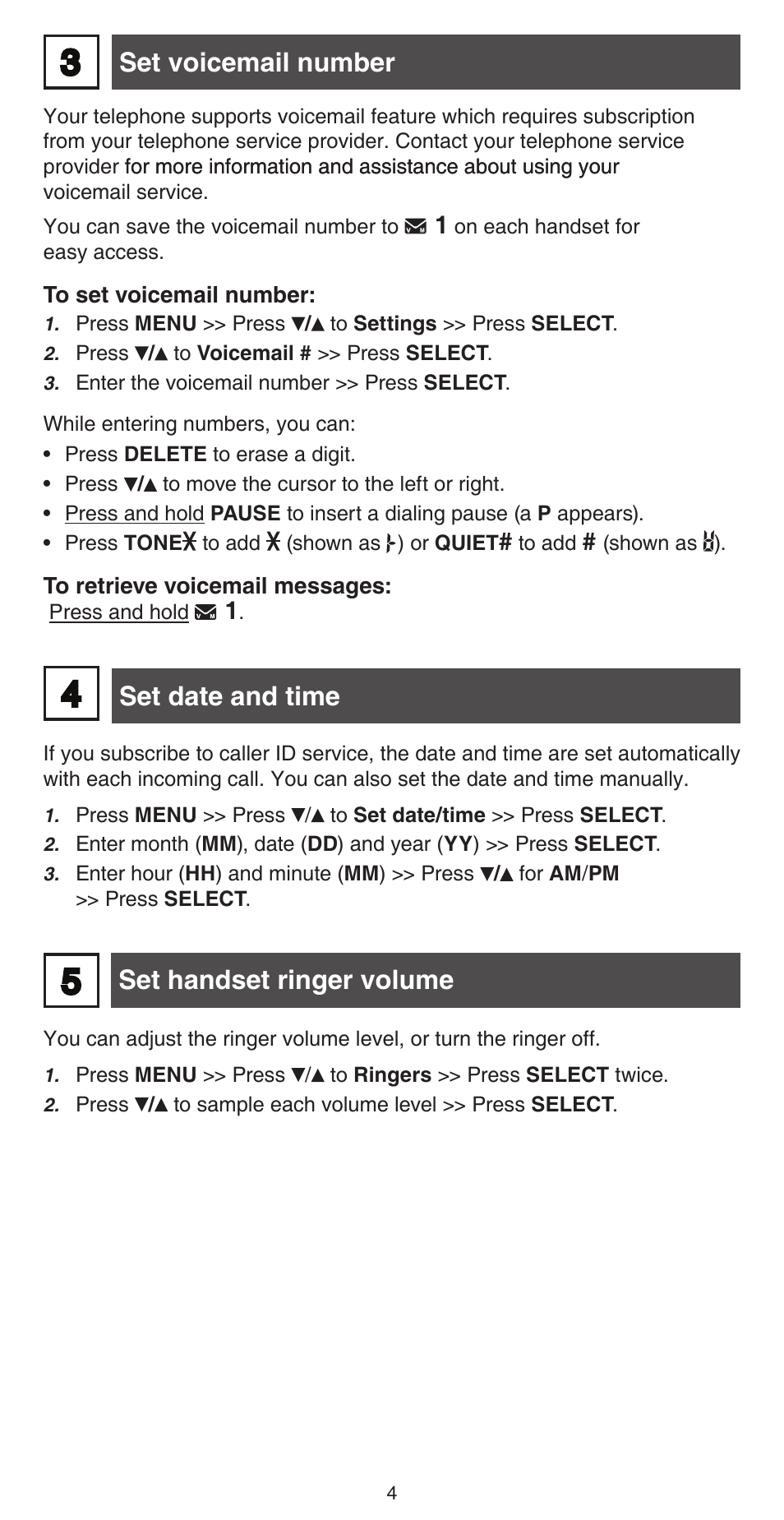 Set date and time, Set handset ringer volume, Set voicemail number | VTech CS6719-2 Abridged manual User Manual | Page 4 / 12
