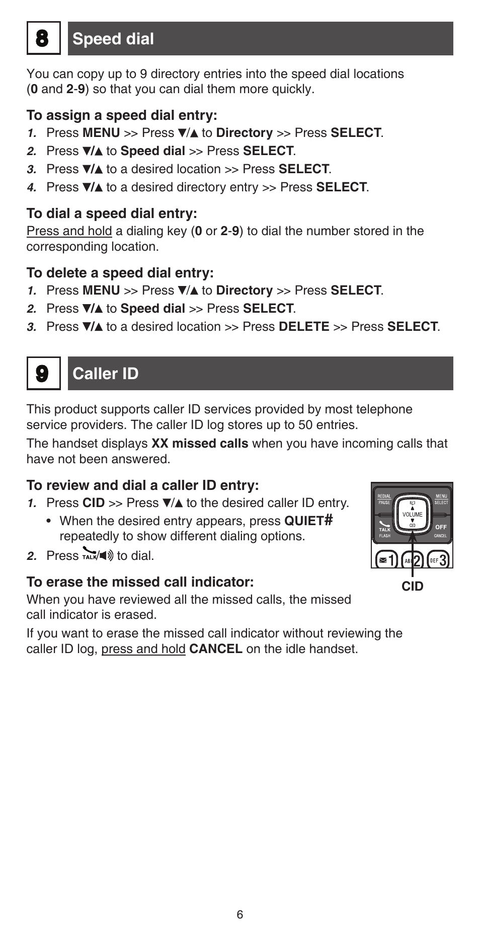 Caller id, Speed dial | VTech CS6719-2 Abridged manual User Manual | Page 6 / 12