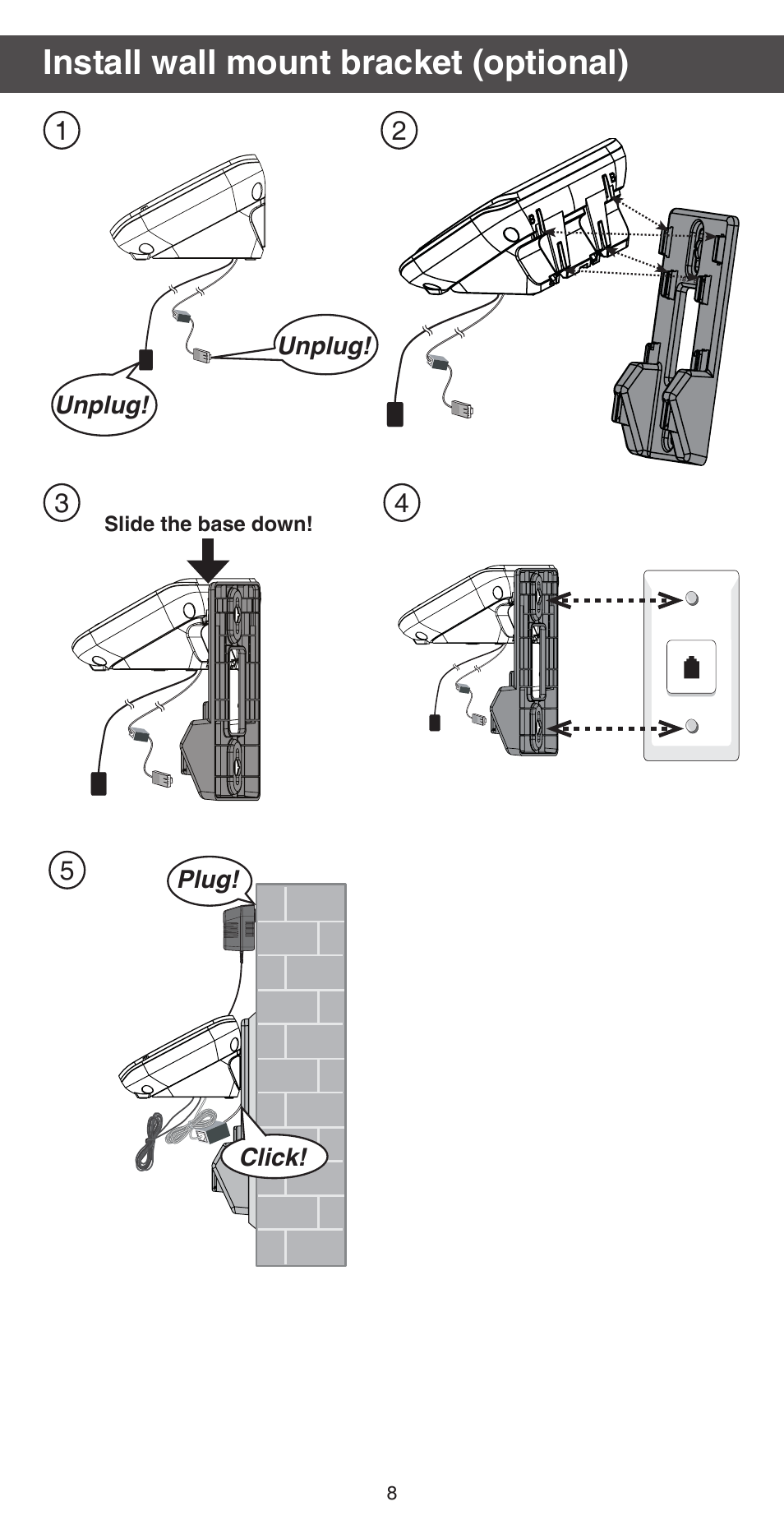 Install wall mount bracket (optional) | VTech CS6719-2 Abridged manual User Manual | Page 8 / 12