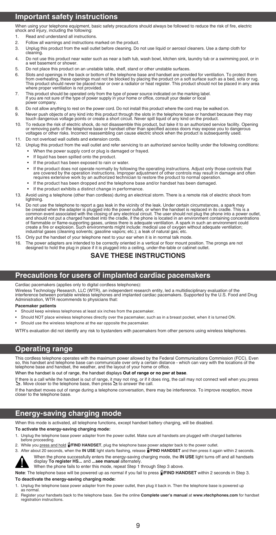 Important safety instructions, Operating range, Energy-saving charging mode | Save these instructions | VTech CS6719-2 Abridged manual User Manual | Page 9 / 12