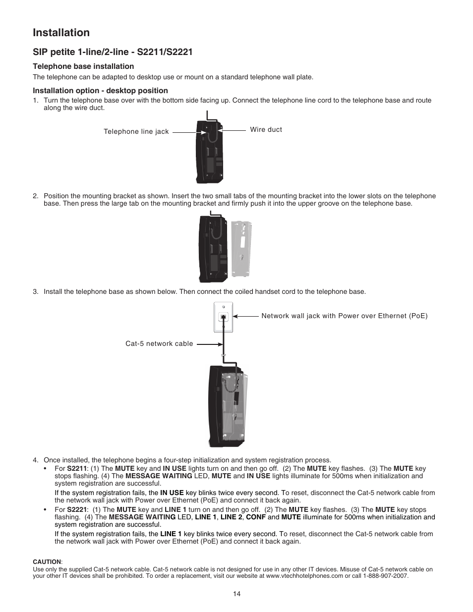 Sip petite corded 1-line/2-line - s2211/s2221, Sip petite 1-line/2-line - s2211/s2221, Installation | VTech S2221 Manual User Manual | Page 17 / 37