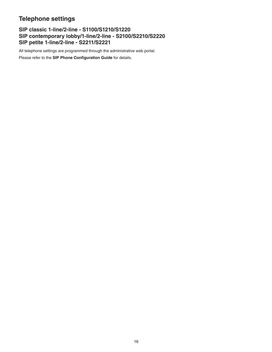 Telephone settings, Sip classic/1-line/2-line - s1100/s1210/s1220, Sip petite corded 1-line/2-line - s2211/s2221 | Sip petite 1-line/2-line - s2211/s2221 | VTech S2221 Manual User Manual | Page 19 / 37