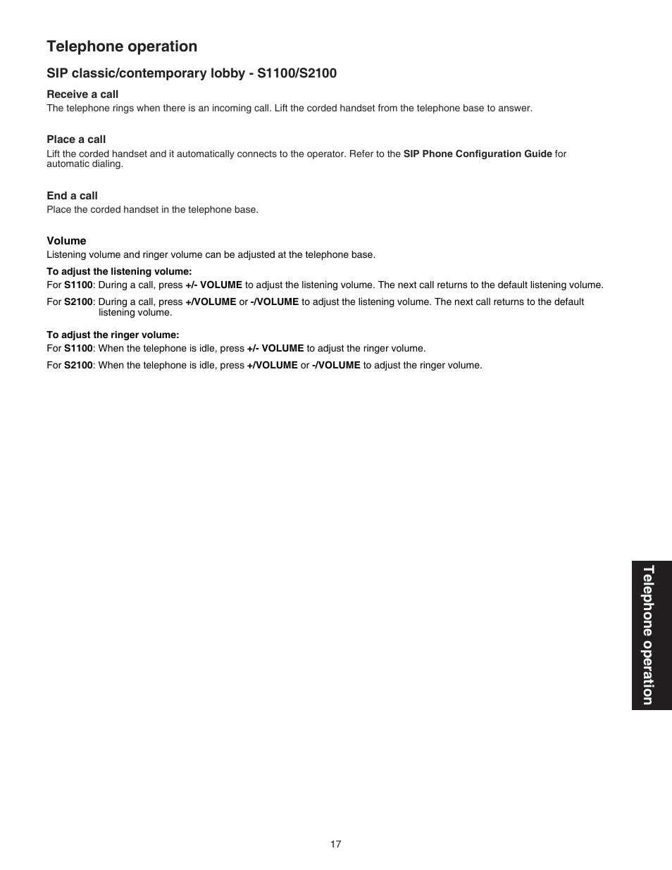 Telephone operation, Sip classic/contemporary lobby - s1100/s2100 | VTech S2221 Manual User Manual | Page 20 / 37
