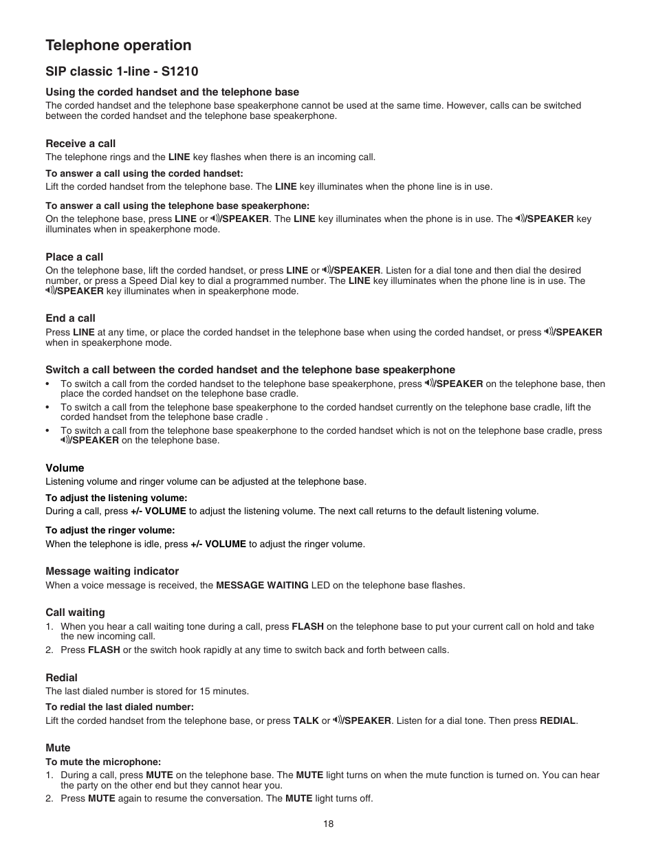 Sip classic 1-line - s1210, Telephone operation | VTech S2221 Manual User Manual | Page 21 / 37