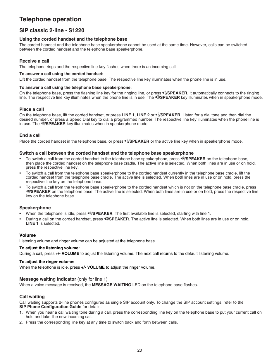 Sip classic 2-line - s1220, Telephone operation | VTech S2221 Manual User Manual | Page 23 / 37