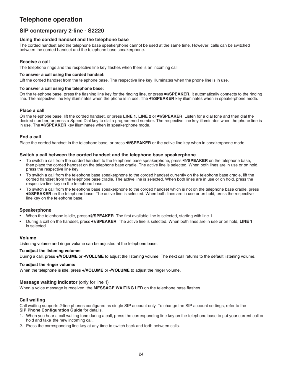 Sip contemporary 2-line - s2220, Telephone operation | VTech S2221 Manual User Manual | Page 27 / 37