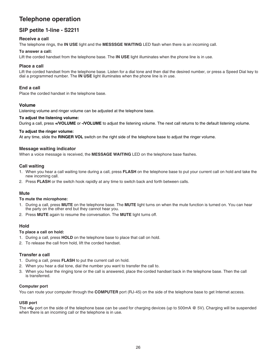 Sip petite corded 1-line - s2211, Sip petite 1-line - s2211, Telephone operation | VTech S2221 Manual User Manual | Page 29 / 37