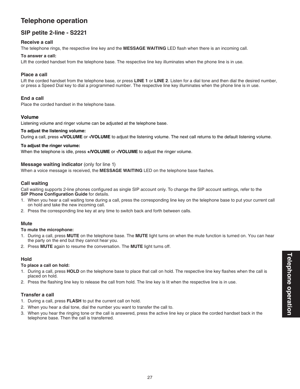 Sip petite corded 2-line - s2221, Sip petite 2-line - s2221, Telephone operation | VTech S2221 Manual User Manual | Page 30 / 37