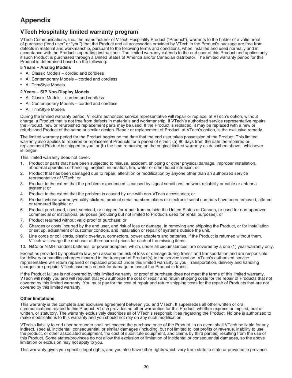 Vtech hospitality limited warranty program, Appendix | VTech S2221 Manual User Manual | Page 33 / 37