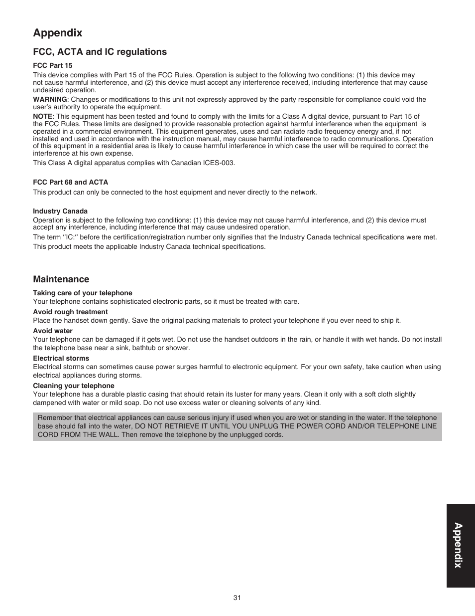 Fcc, acta and ic regulations, Maintenance, Appendix | VTech S2221 Manual User Manual | Page 34 / 37