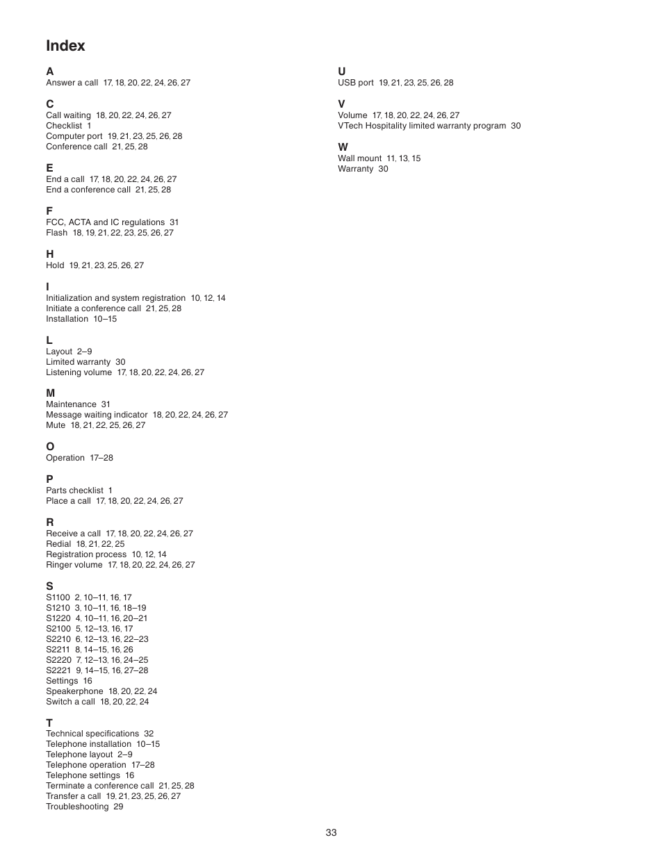 Index | VTech S2221 Manual User Manual | Page 36 / 37