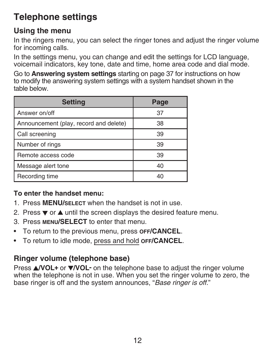 Telephone settings using the menu, Ringer volume (telephone base), Telephone settings | 12 using the menu | VTech CS6429-5 Manual User Manual | Page 16 / 78