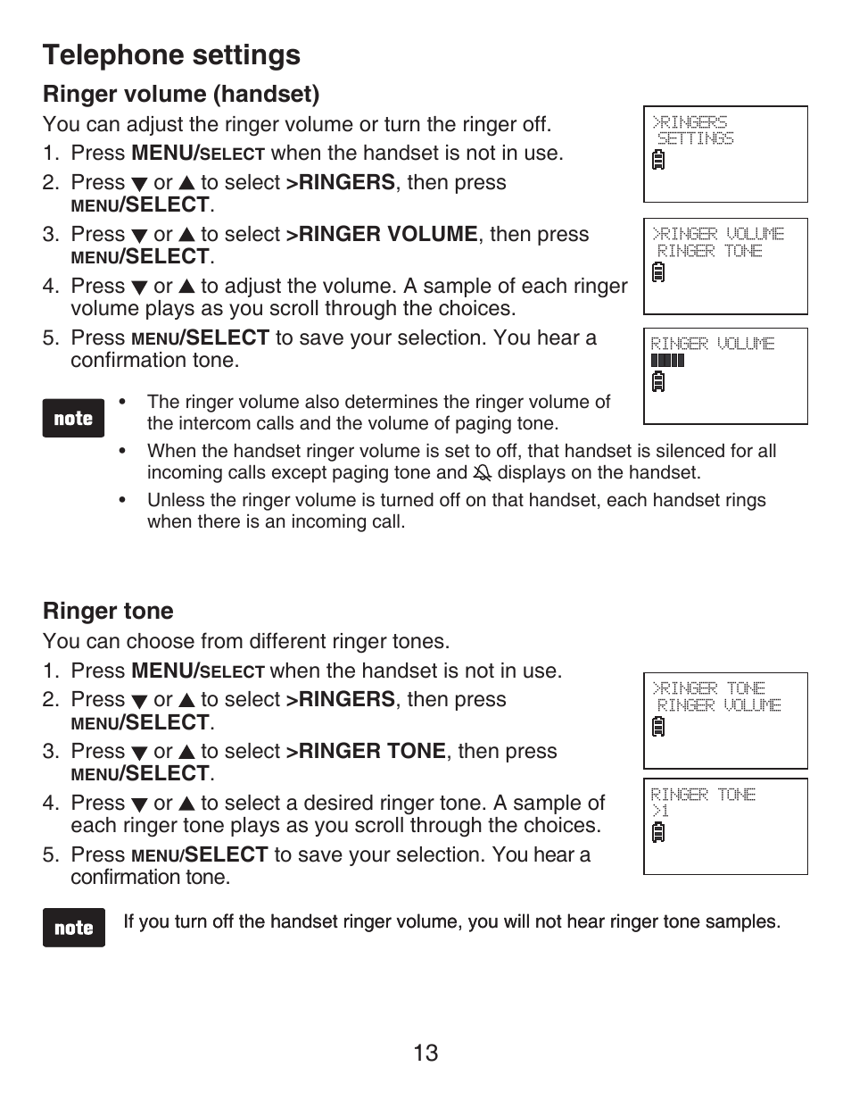 Ringer volume (handset), Ringer tone, Telephone settings | 13 ringer volume (handset) | VTech CS6429-5 Manual User Manual | Page 17 / 78