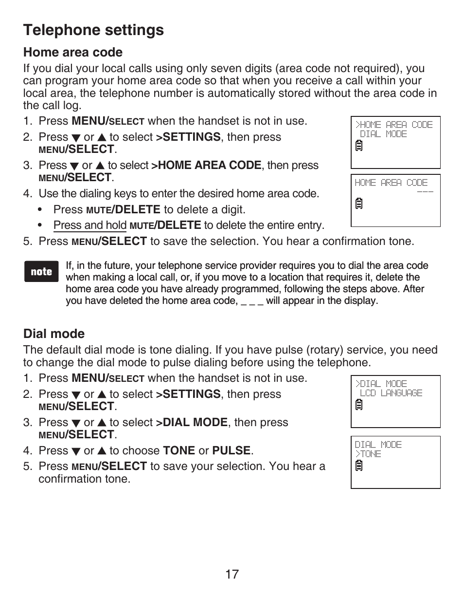 Home area code, Dial mode, Telephone settings | 17 home area code | VTech CS6429-5 Manual User Manual | Page 21 / 78