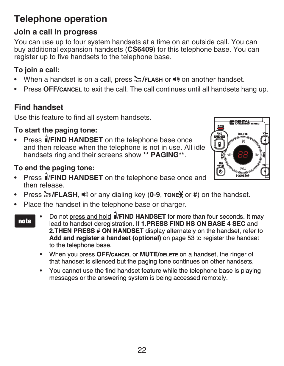 Join a call in progress, Find handset, Telephone operation | VTech CS6429-5 Manual User Manual | Page 26 / 78