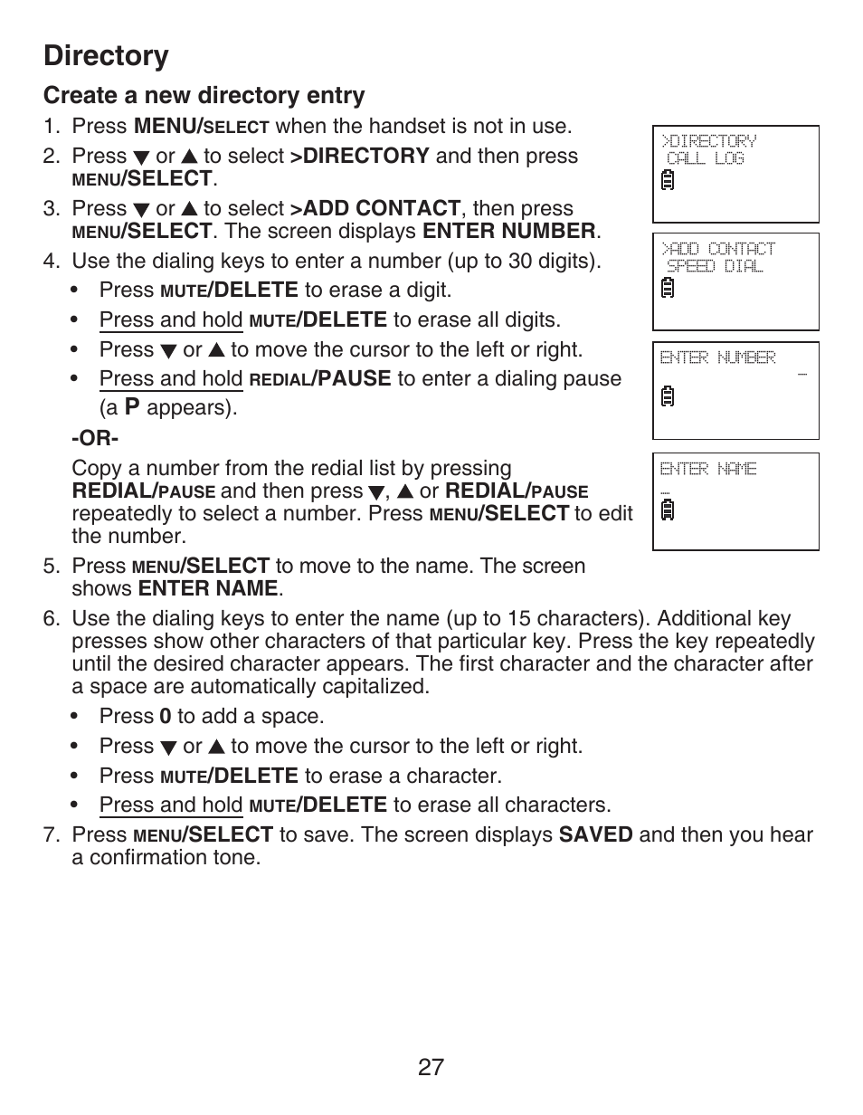 Create a new directory entry, Directory, 27 create a new directory entry | VTech CS6429-5 Manual User Manual | Page 31 / 78