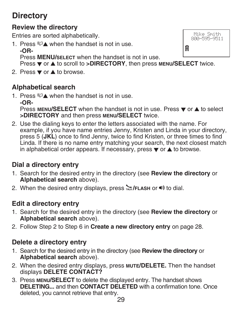 Review the directory, Alphabetical search, Dial a directory entry | Edit a directory entry, Delete a directory entry, Directory | VTech CS6429-5 Manual User Manual | Page 33 / 78