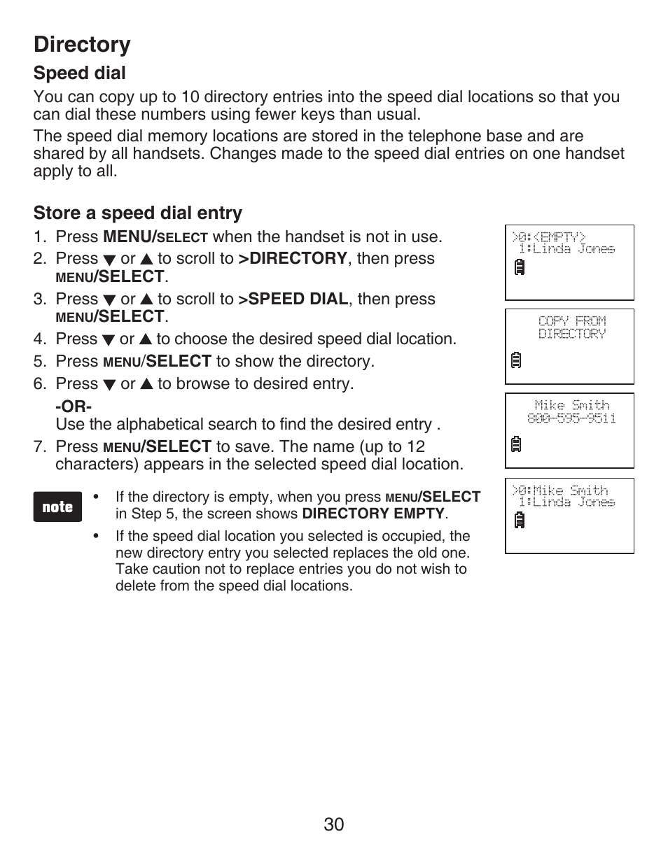 Speed dial, Store a speed dial entry, Directory | 30 speed dial | VTech CS6429-5 Manual User Manual | Page 34 / 78
