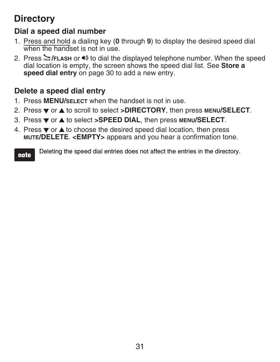 Dial a speed dial number, Delete a speed dial entry, Directory | 31 dial a speed dial number | VTech CS6429-5 Manual User Manual | Page 35 / 78
