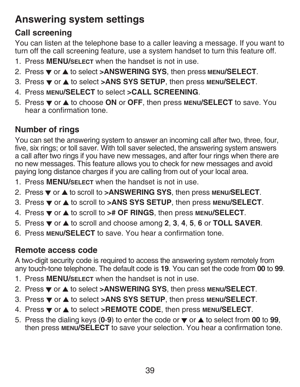 Call screening, Number of rings, Remote access code | Answering system settings | VTech CS6429-5 Manual User Manual | Page 43 / 78