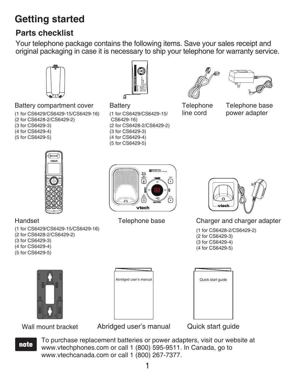 Getting started parts checklist, Getting started, 1parts checklist | Abridged user’s manual quick start guide | VTech CS6429-5 Manual User Manual | Page 5 / 78