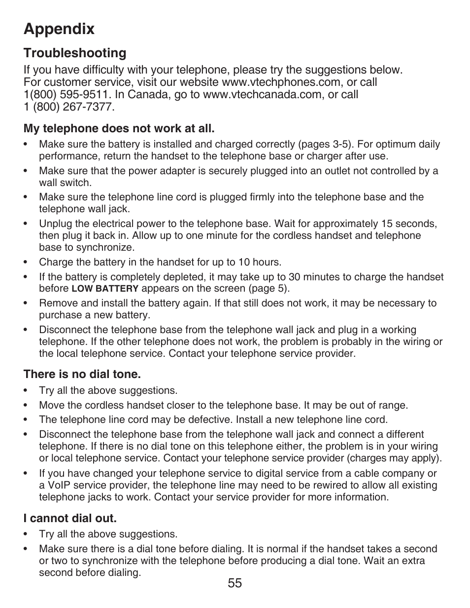 Troubleshooting, Appendix, 55 troubleshooting | VTech CS6429-5 Manual User Manual | Page 59 / 78