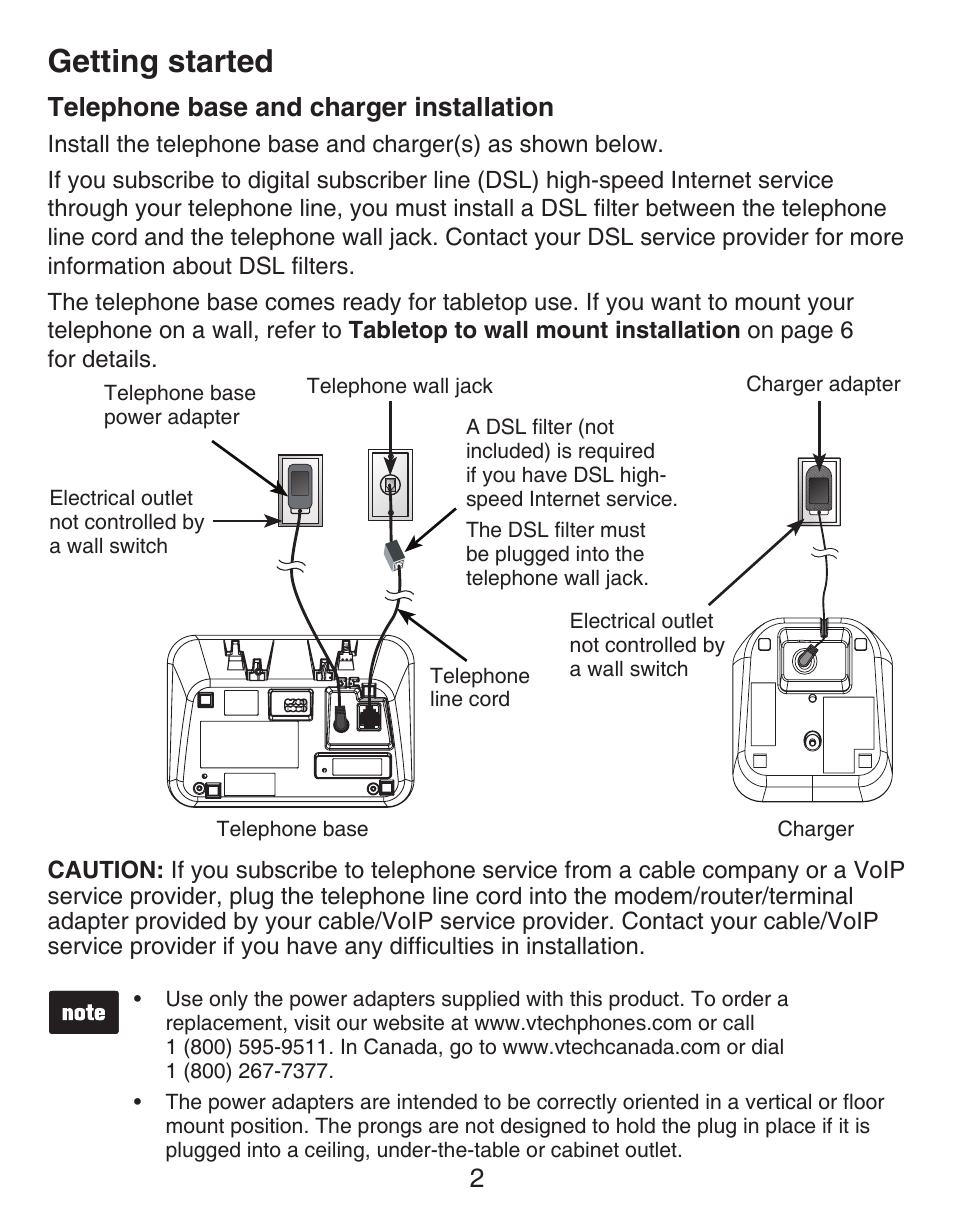 Telephone base and charger, Installation, Getting started | Telephone base and charger installation | VTech CS6429-5 Manual User Manual | Page 6 / 78