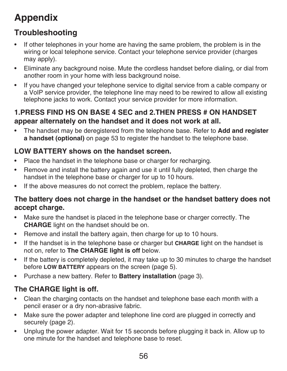 Appendix, Troubleshooting | VTech CS6429-5 Manual User Manual | Page 60 / 78
