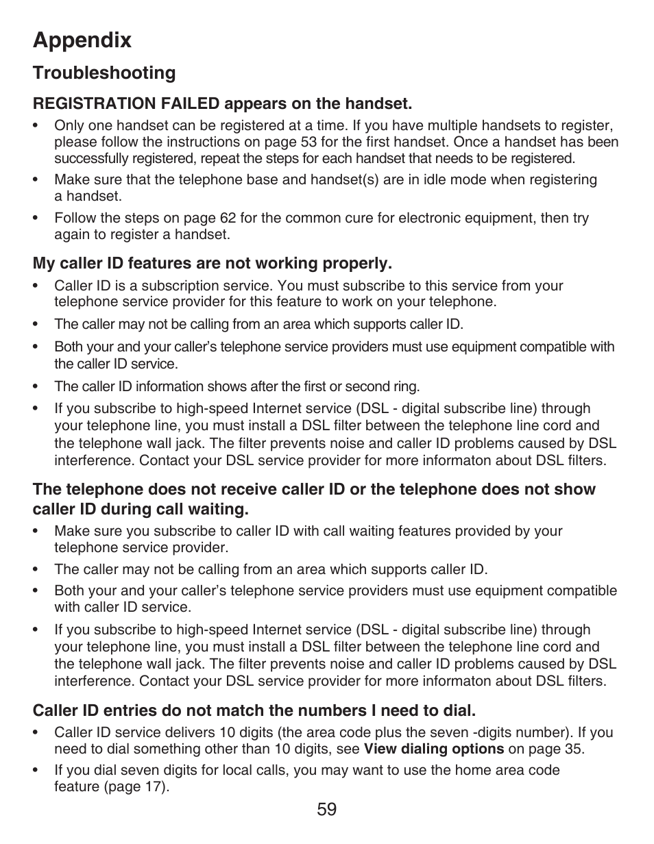 Appendix, Troubleshooting | VTech CS6429-5 Manual User Manual | Page 63 / 78
