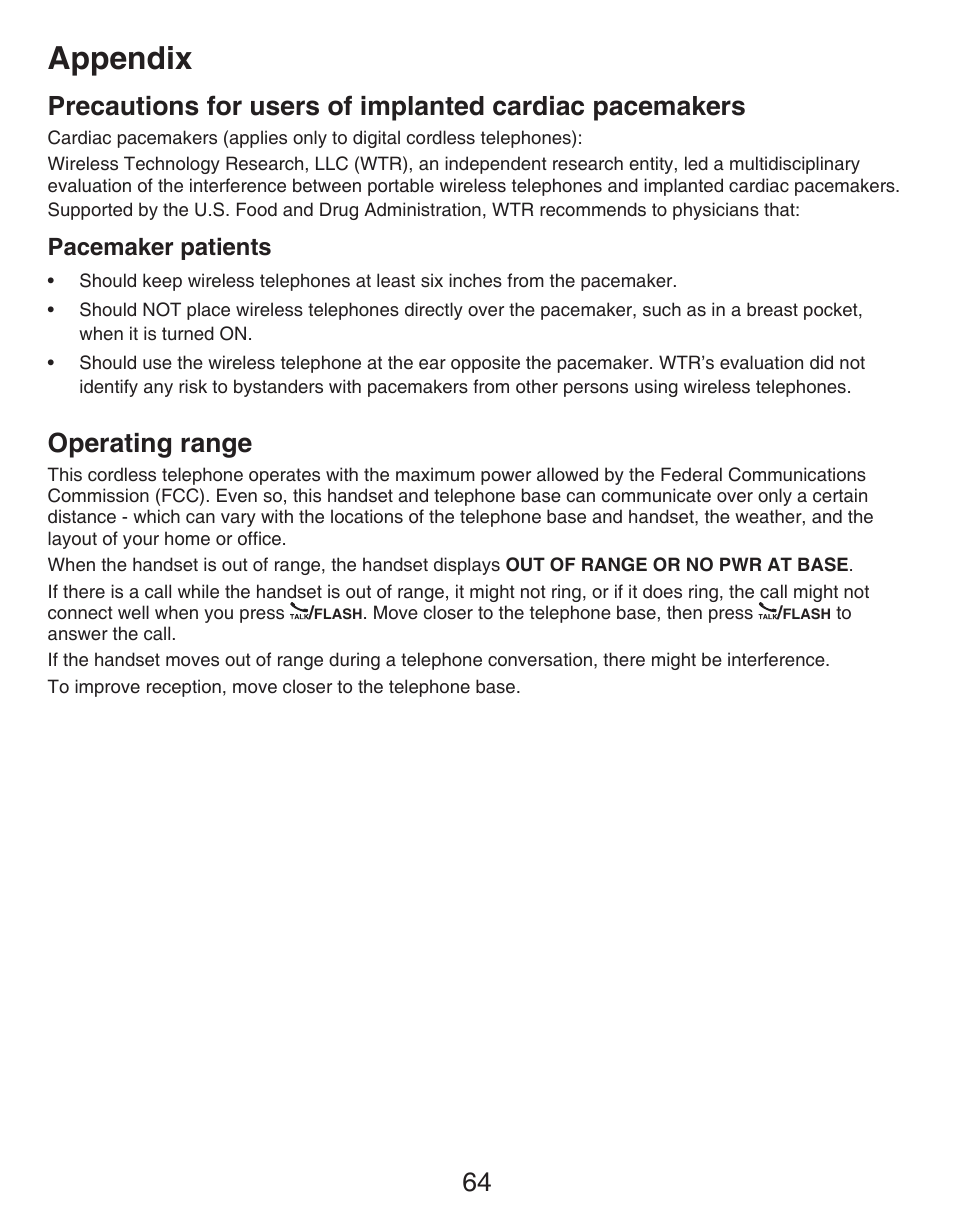 Precautions for users of implanted, Cardiac pacemakers, Operating range | Appendix, Pacemaker patients | VTech CS6429-5 Manual User Manual | Page 68 / 78