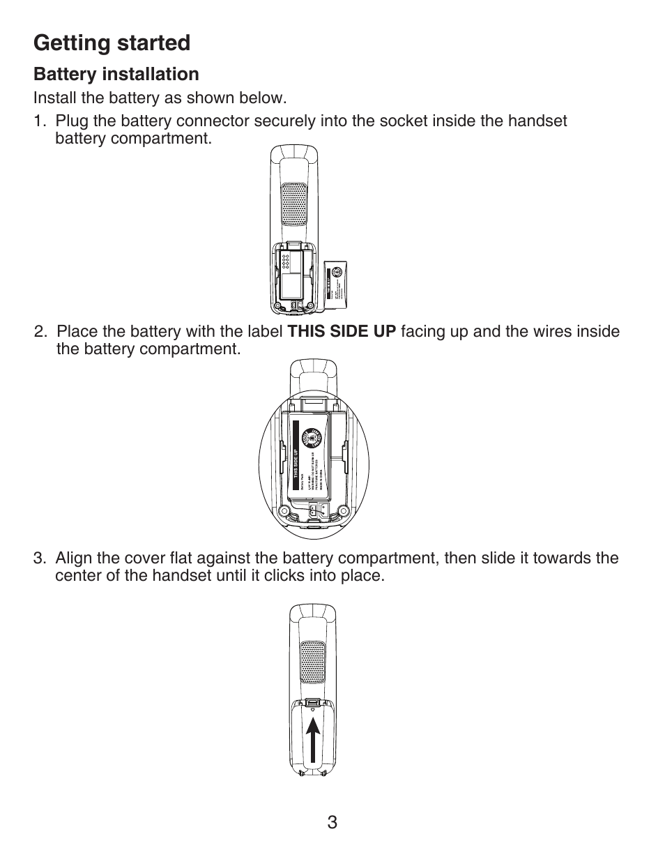 Battery installation, Getting started | VTech CS6429-5 Manual User Manual | Page 7 / 78