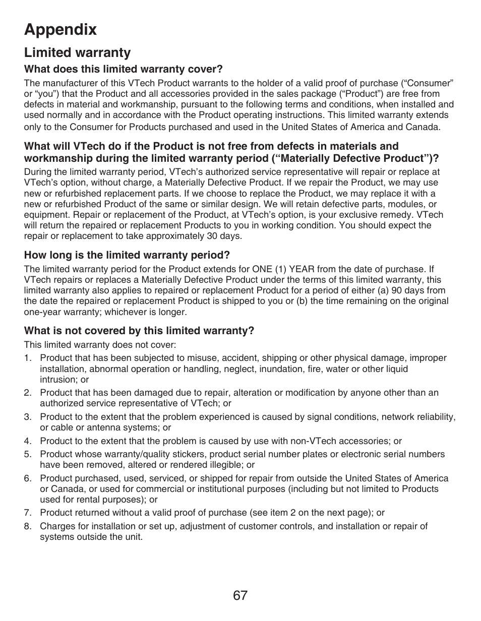 Limited warranty, Appendix, 67 limited warranty | VTech CS6429-5 Manual User Manual | Page 71 / 78