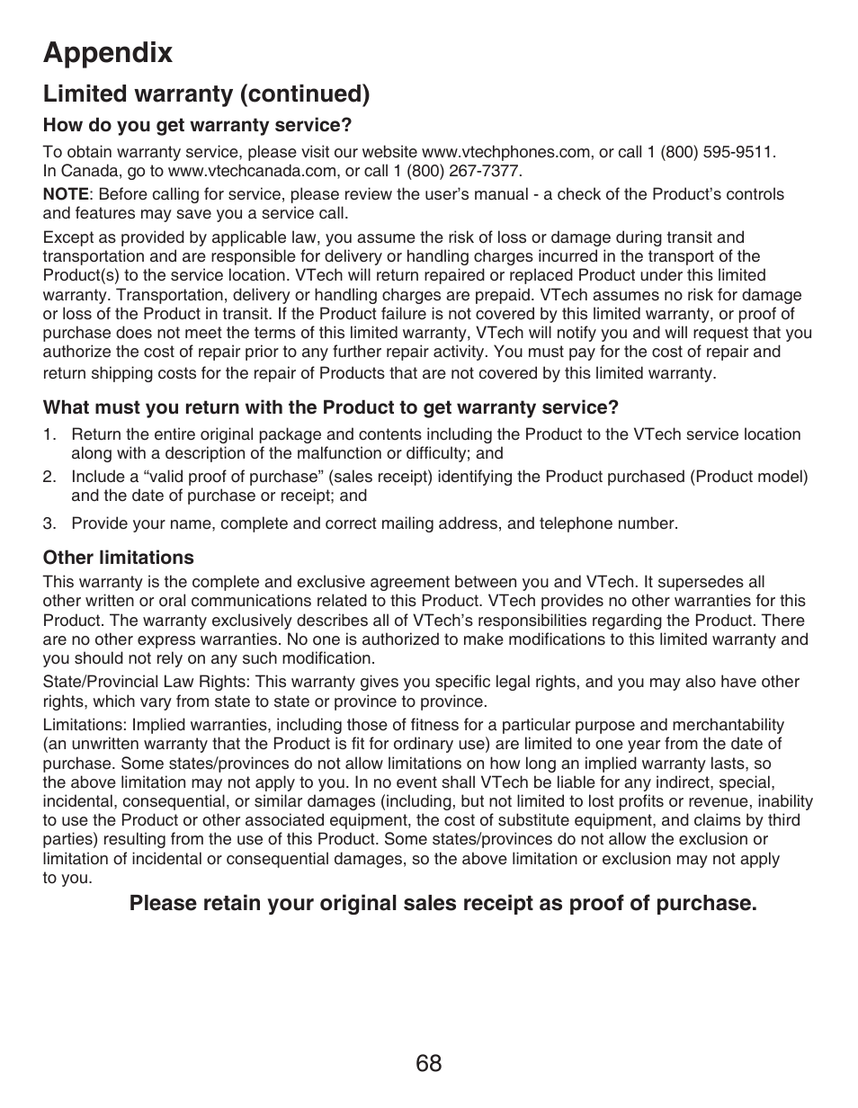 Appendix, 68 limited warranty (continued) | VTech CS6429-5 Manual User Manual | Page 72 / 78
