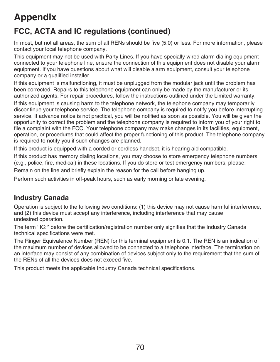 Appendix, 70 fcc, acta and ic regulations (continued), Industry canada | VTech CS6429-5 Manual User Manual | Page 74 / 78