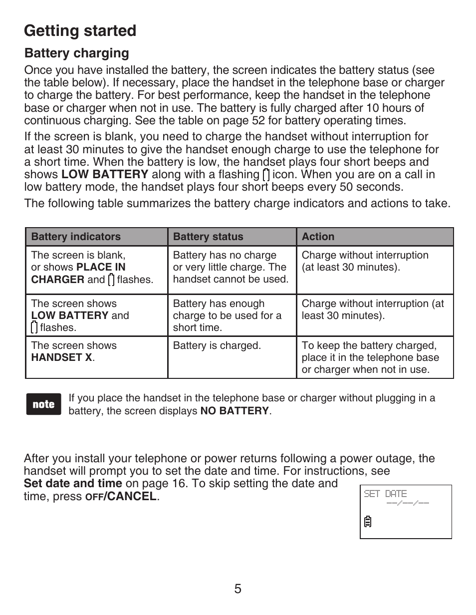 Battery charging, Getting started, 5battery charging | VTech CS6429-5 Manual User Manual | Page 9 / 78