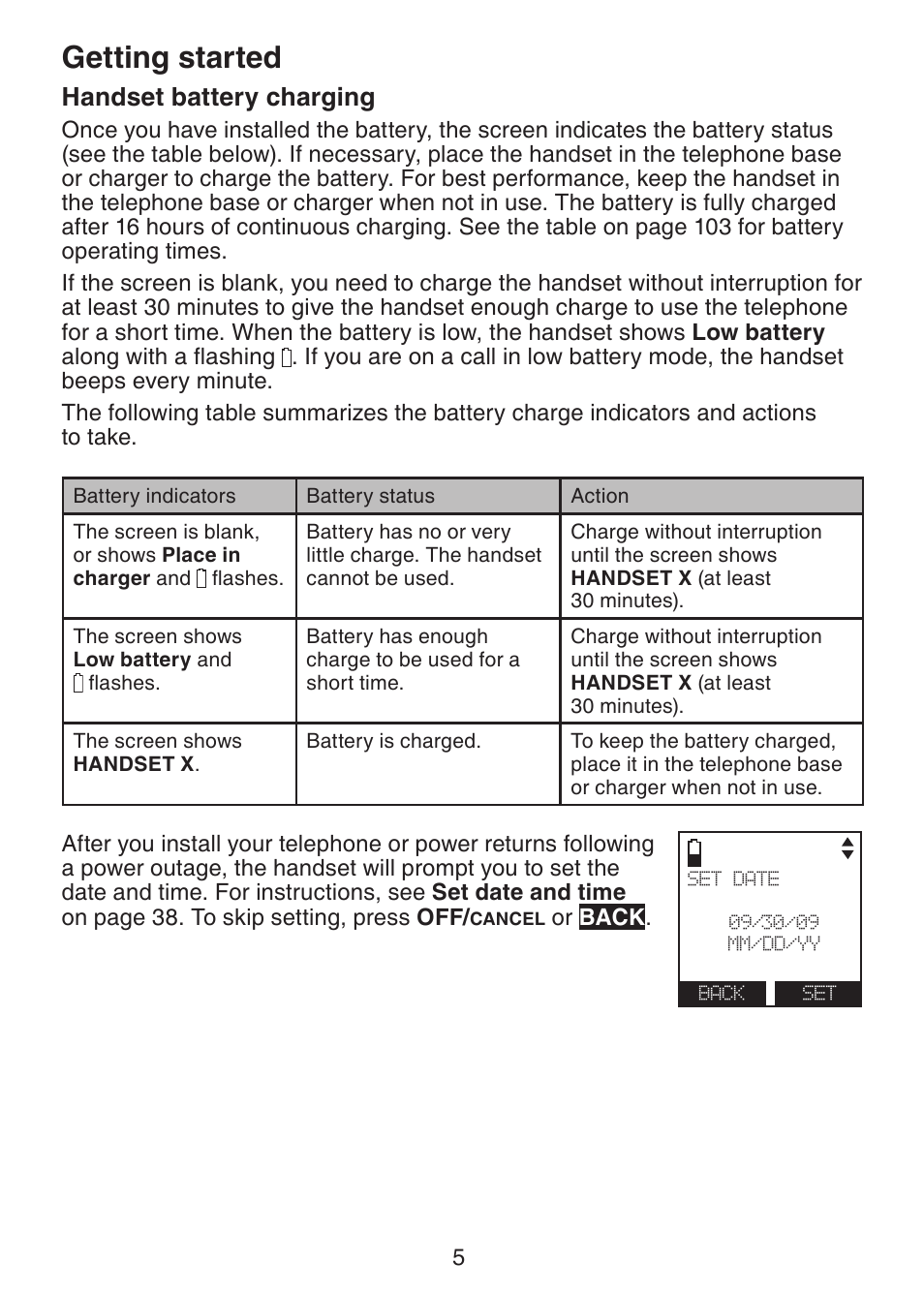 Handset battery charging, Getting started | VTech DS6472-6 Manual User Manual | Page 10 / 137