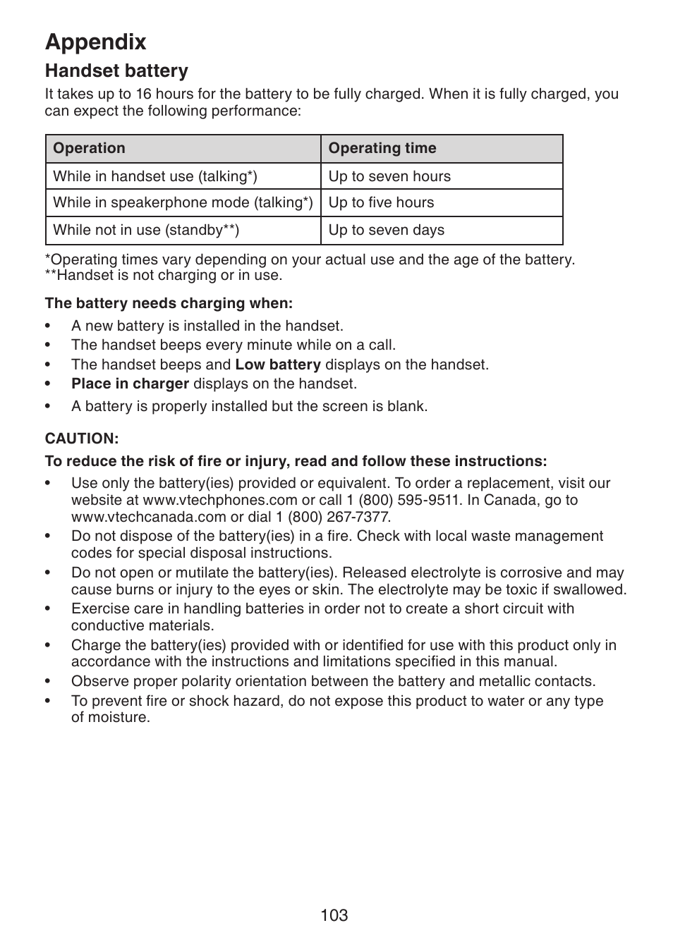 Handset battery, Appendix | VTech DS6472-6 Manual User Manual | Page 108 / 137