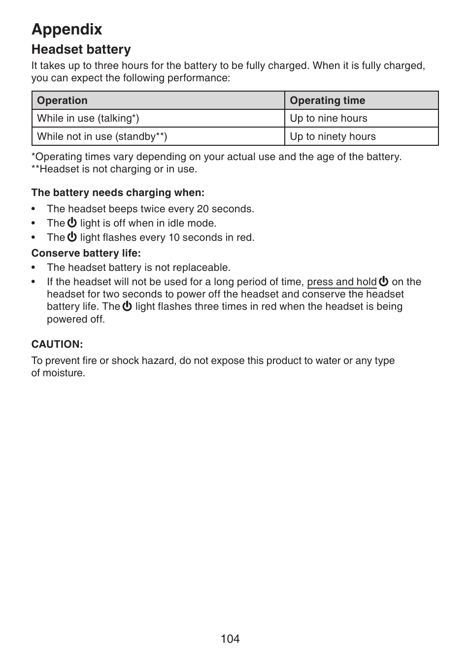 Headset battery, Appendix | VTech DS6472-6 Manual User Manual | Page 109 / 137