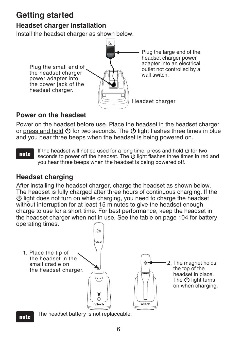 Headset charger installation, Power on the headset, Headset charging | Getting started | VTech DS6472-6 Manual User Manual | Page 11 / 137