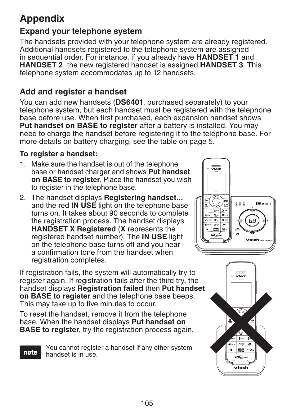 Expand your telephone system, Add and register a handset, Appendix | VTech DS6472-6 Manual User Manual | Page 110 / 137