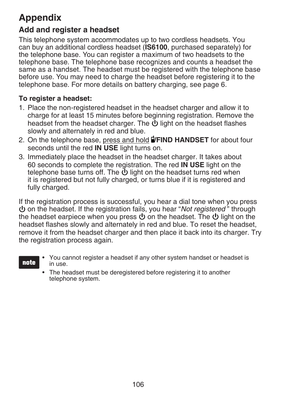 Add and register a headset, Appendix | VTech DS6472-6 Manual User Manual | Page 111 / 137