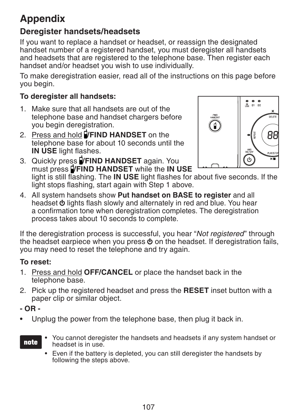 Deregister handsets/headsets, Appendix | VTech DS6472-6 Manual User Manual | Page 112 / 137