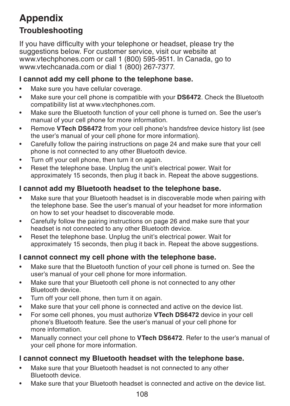 Troubleshooting, Appendix | VTech DS6472-6 Manual User Manual | Page 113 / 137