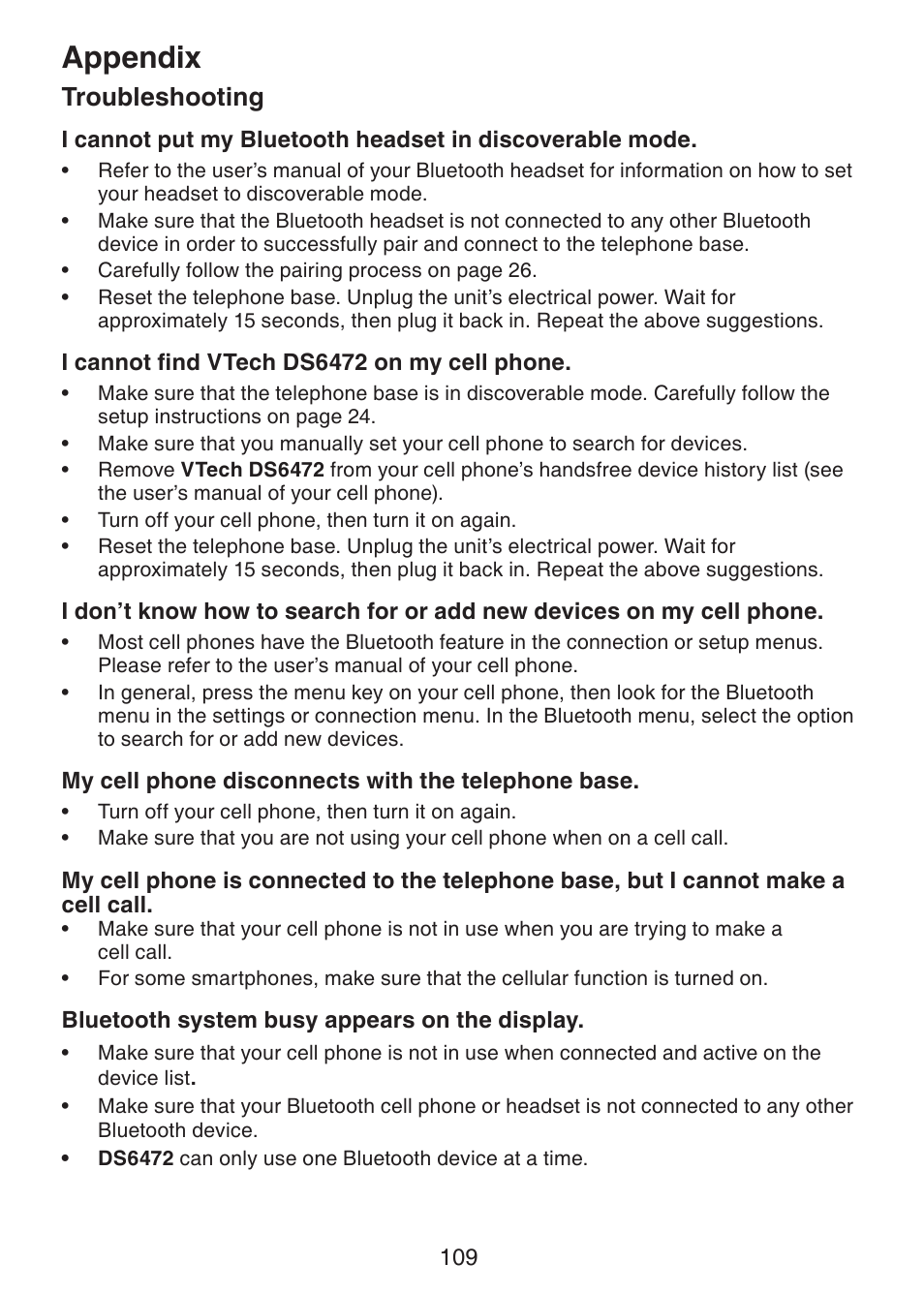 Appendix, Troubleshooting | VTech DS6472-6 Manual User Manual | Page 114 / 137