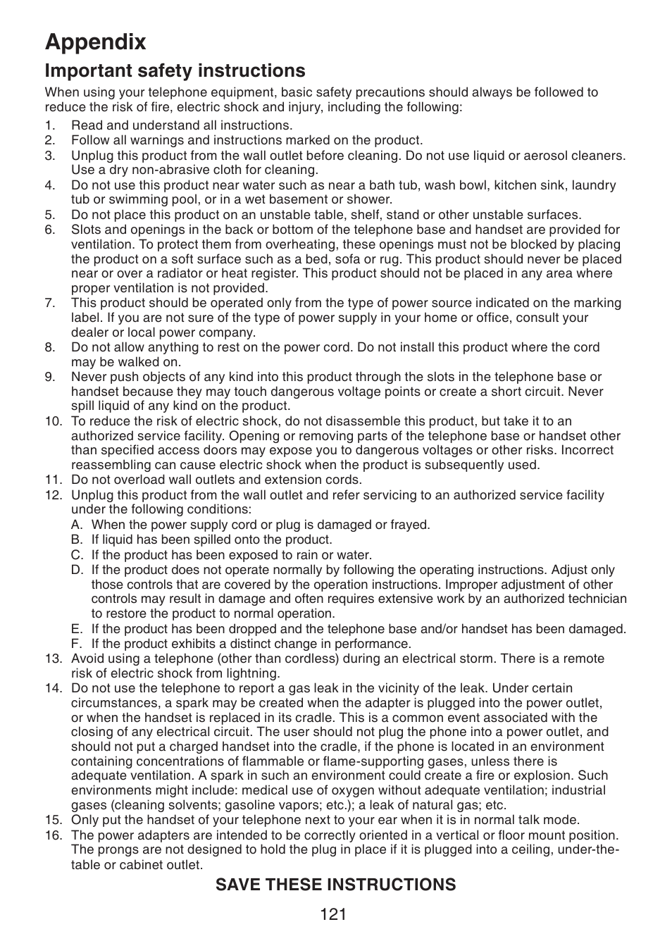 Important safety instructions, Appendix, Save these instructions | VTech DS6472-6 Manual User Manual | Page 126 / 137