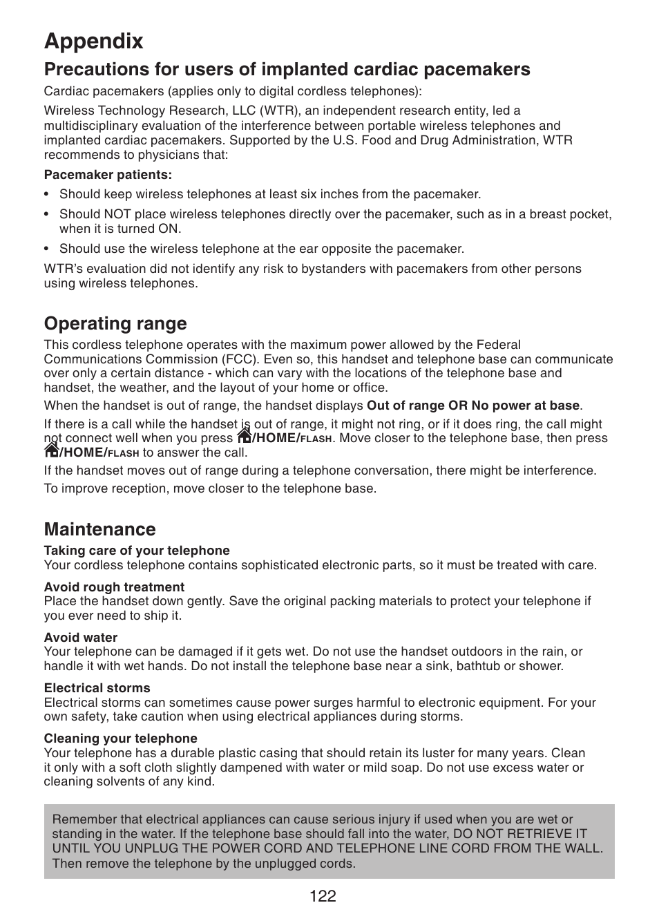 Operating range, Maintenance, Precautions for users of implanted | Cardiac pacemakers, Appendix | VTech DS6472-6 Manual User Manual | Page 127 / 137