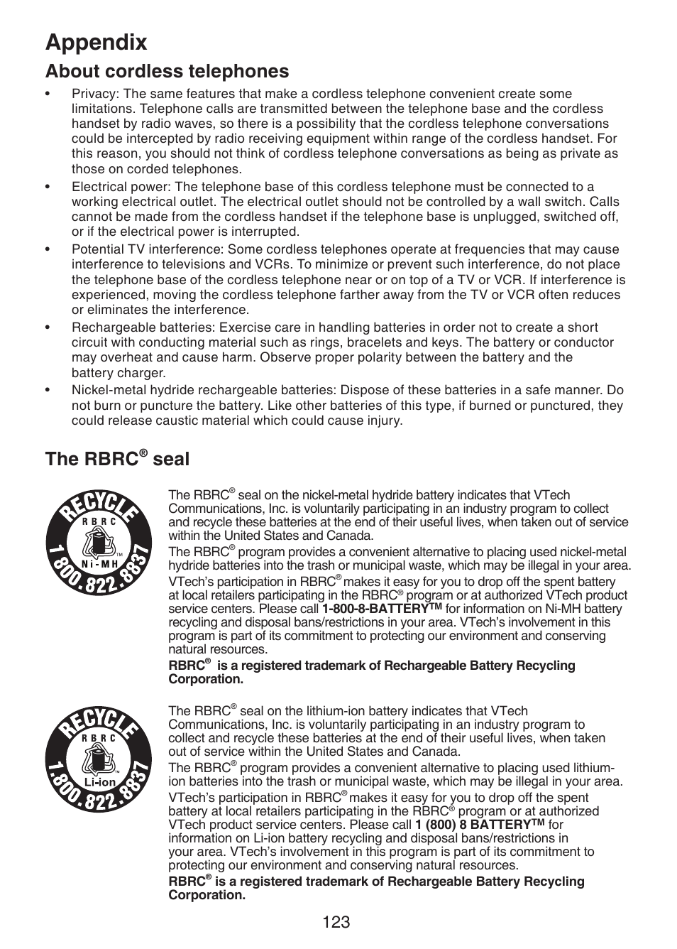 About cordless telephones, The rbrc® seal, The rbrc | Seal, Appendix | VTech DS6472-6 Manual User Manual | Page 128 / 137