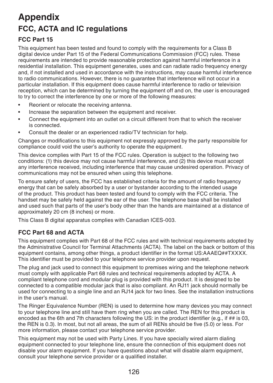 Fcc, acta and ic regulations, Appendix | VTech DS6472-6 Manual User Manual | Page 131 / 137