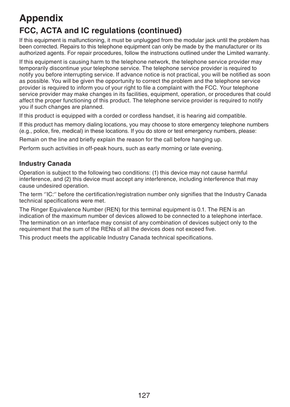 Appendix, Fcc, acta and ic regulations (continued) | VTech DS6472-6 Manual User Manual | Page 132 / 137